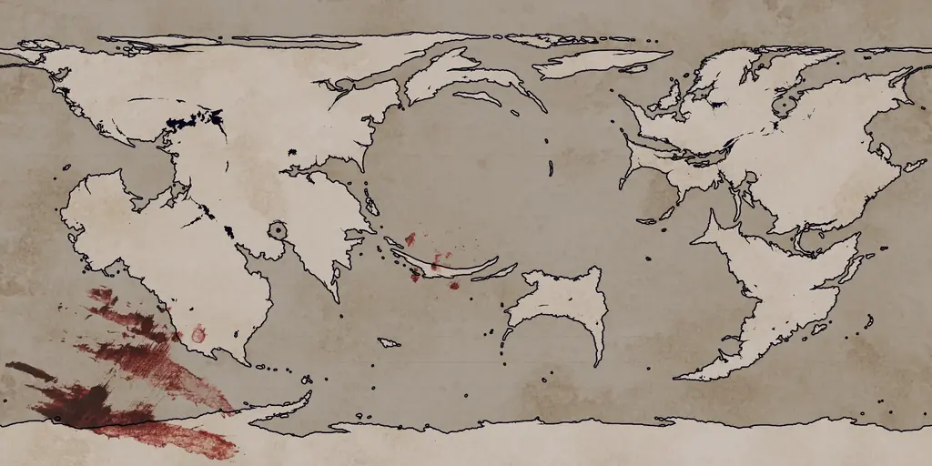 A parchment map of Errack during the CITADEL era, marked with dark coastlines and red stains across the south-west and central seas.