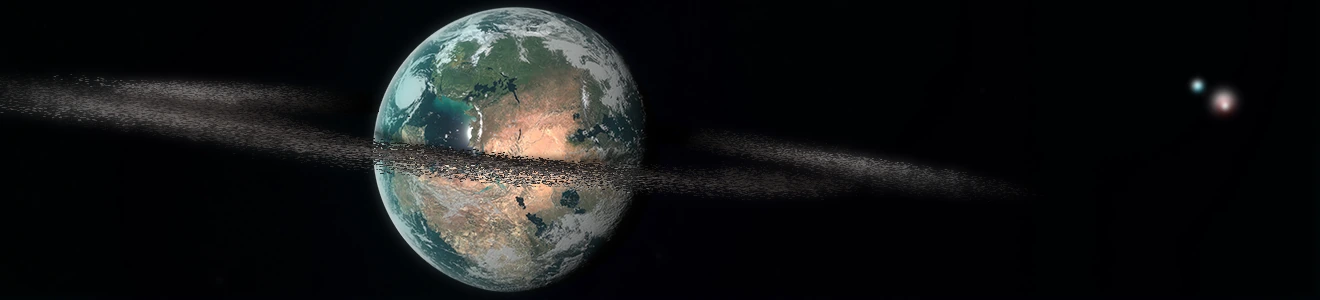 Errack shown as a detailed globe and within its broad ring system against a black sky.